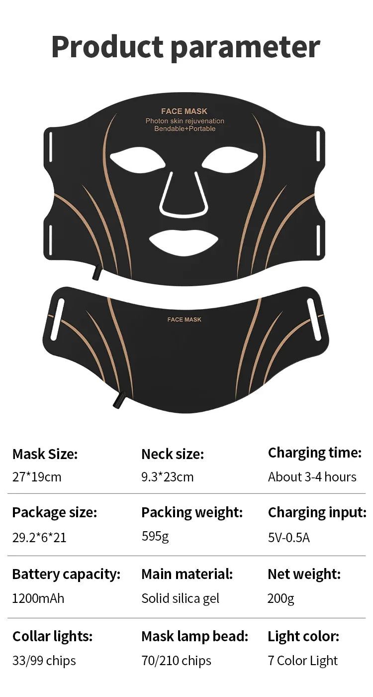 7-Color LED Face & Neck Mask – Wireless Silicone Phototherapy Rejuvenation Device