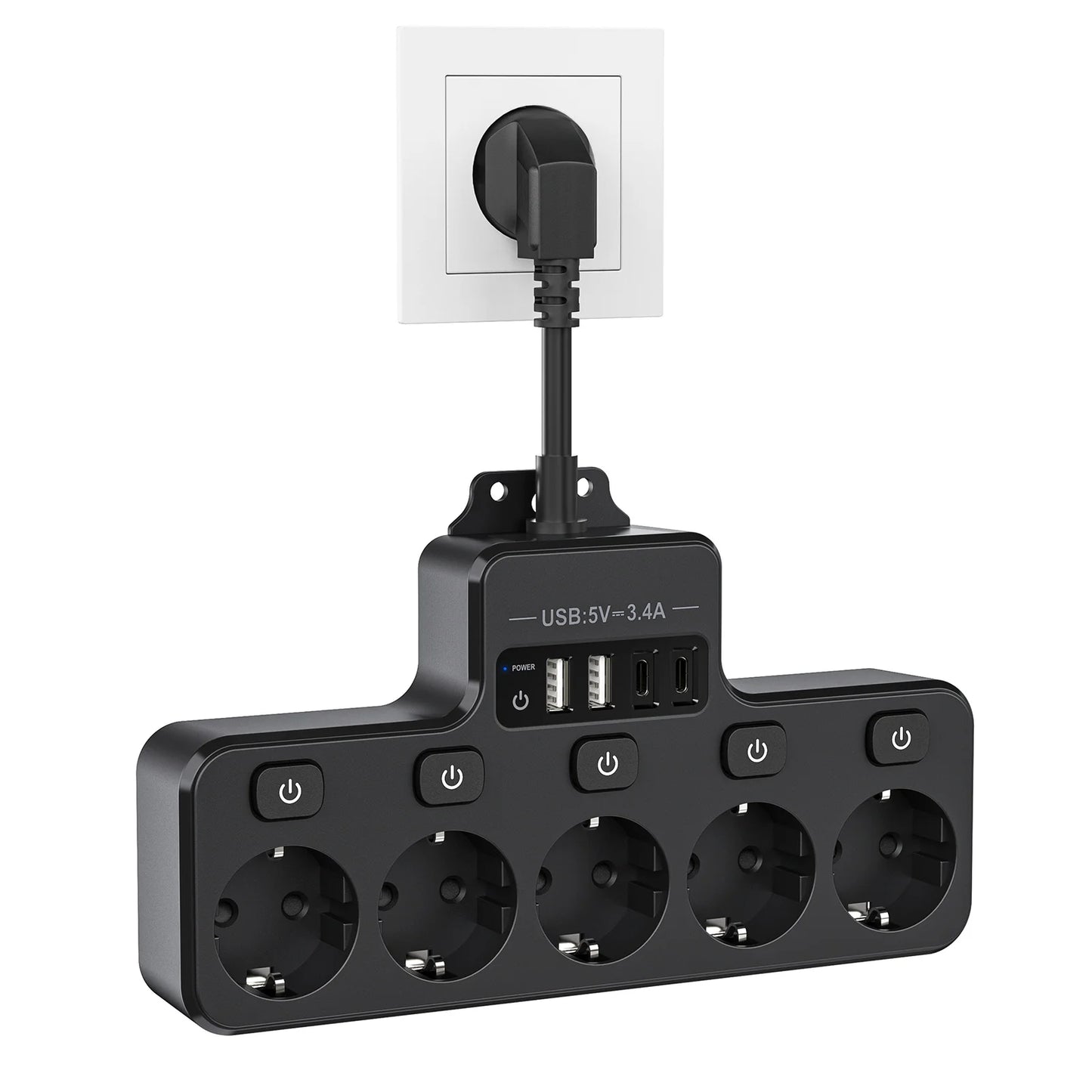9-in-1 EU Power Strip: 5 AC Outlets & 4 USB Fast Charging Ports
