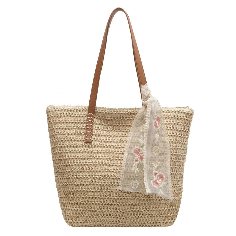 Lace Woven Straw Tote