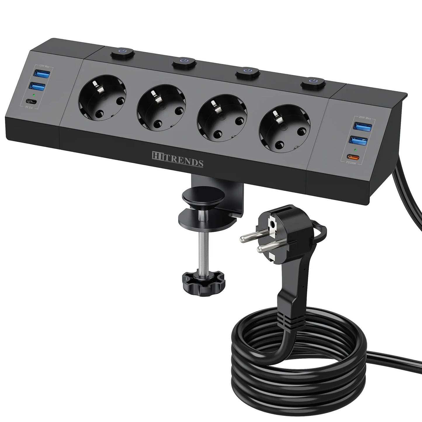 EU Desk Clamp Power Strip with 4 USB Ports, 2 USB-C & Surge Protection