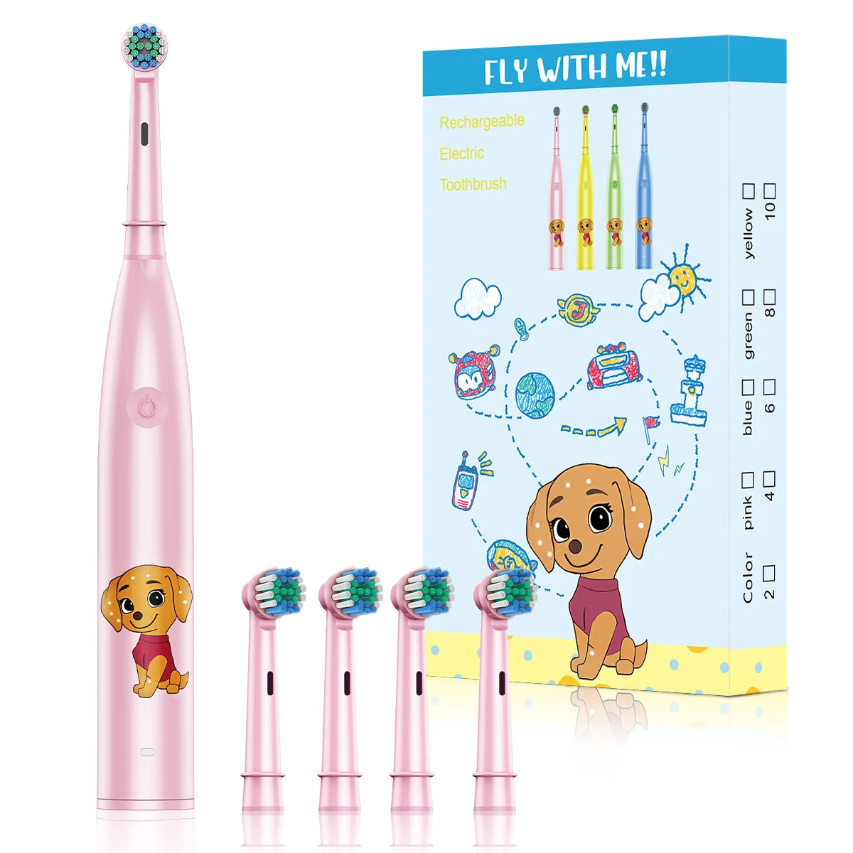 Kids Rechargeable Electric Toothbrush with 4 Replacement Heads & Timer
