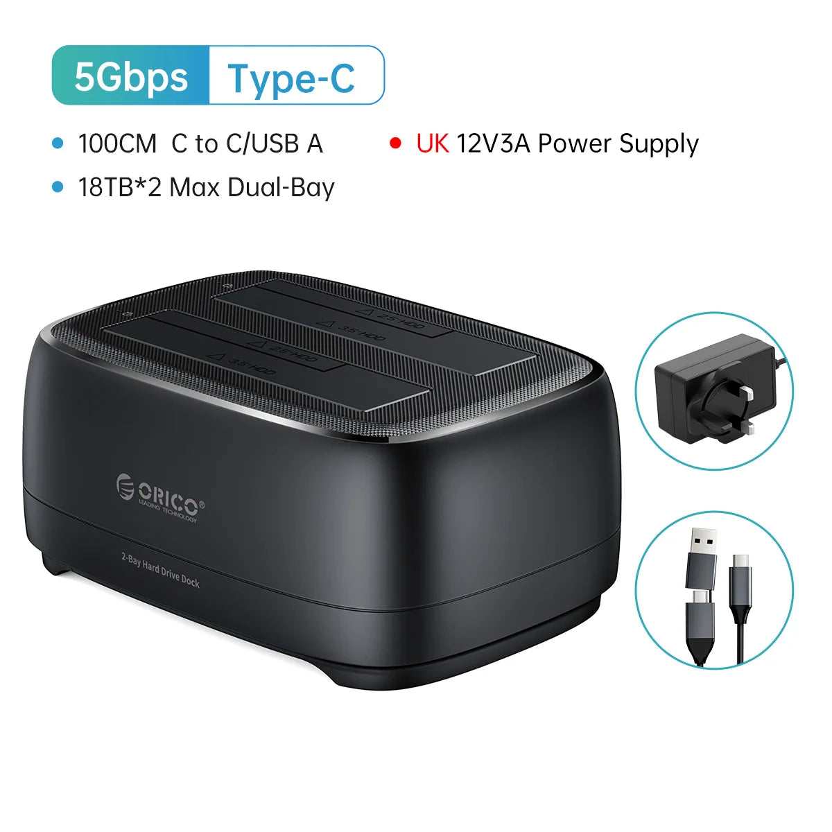 Dual-Bay HDD/SSD Docking Station 36TB USB 3.0 Type-C External Hard Drive Case
