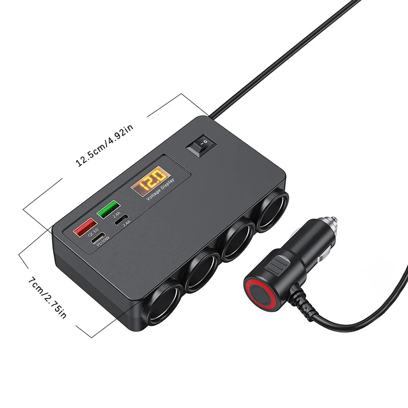 120W 4-Port Fast Car Charger Adapter - QC3.0 PD USB Type-C Auto Power Outlet