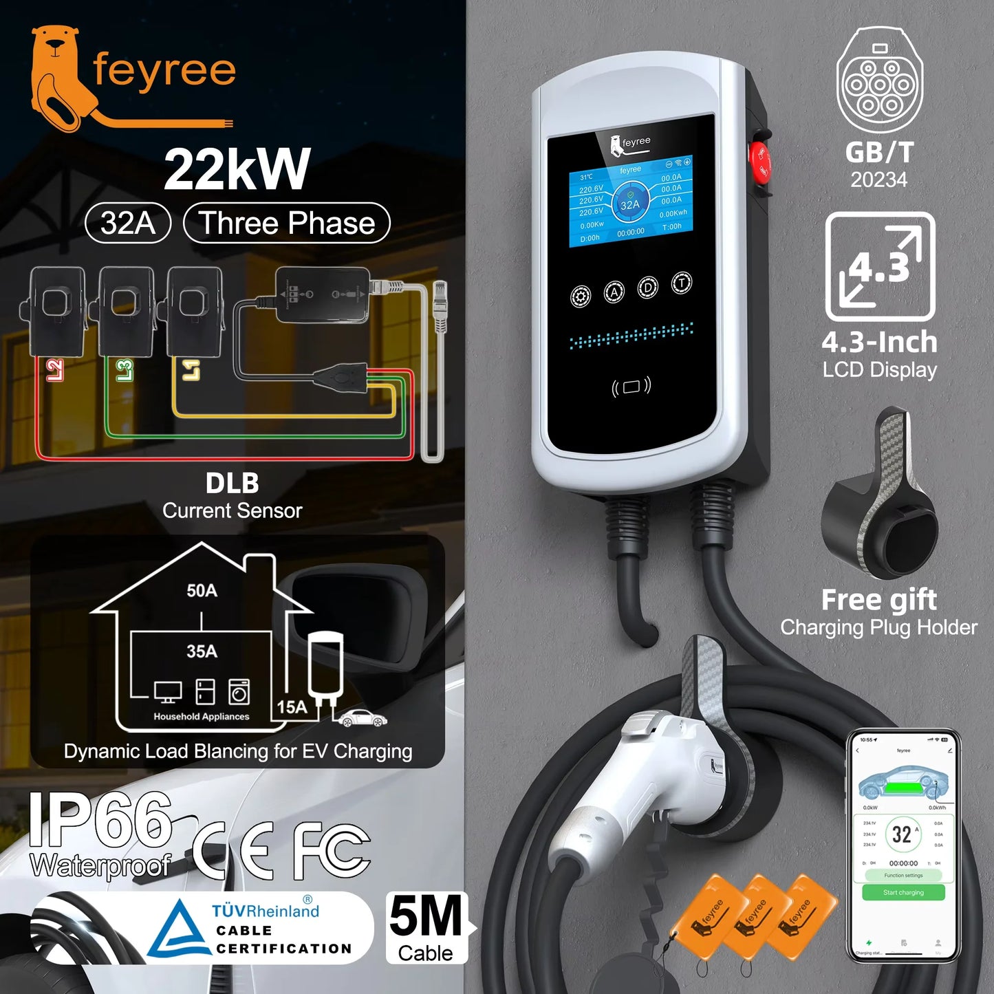 Feyree Smart EV Charging Station - WiFi App Control & Dynamic Load Balancing