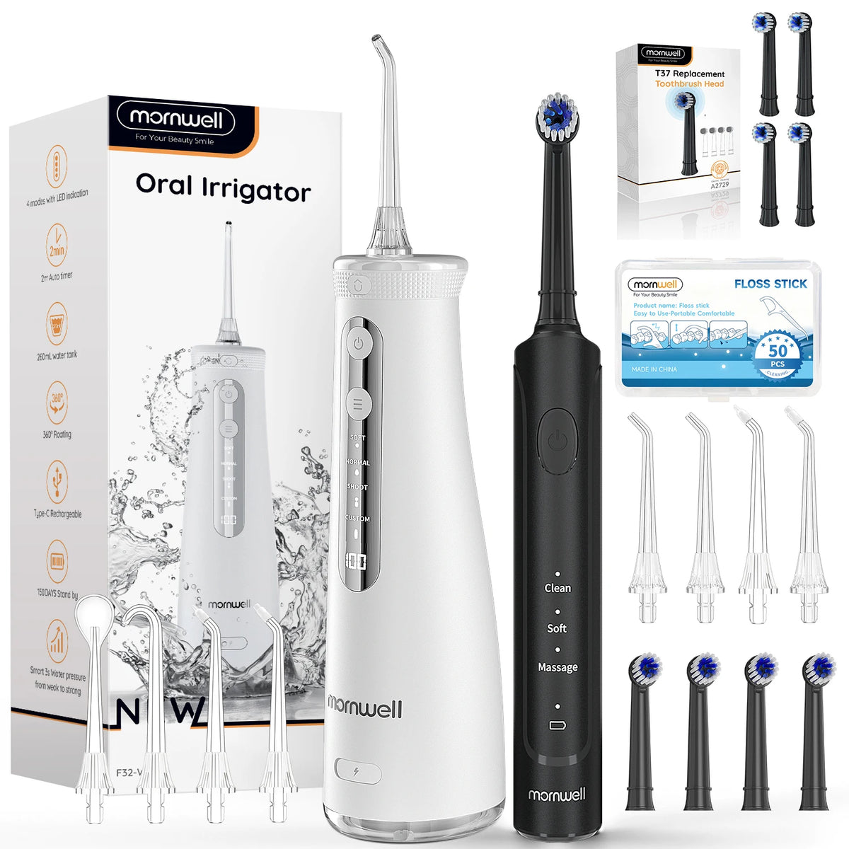 2-in-1 Electric Toothbrush and Water Flosser Combo with 4 Replaceable Heads