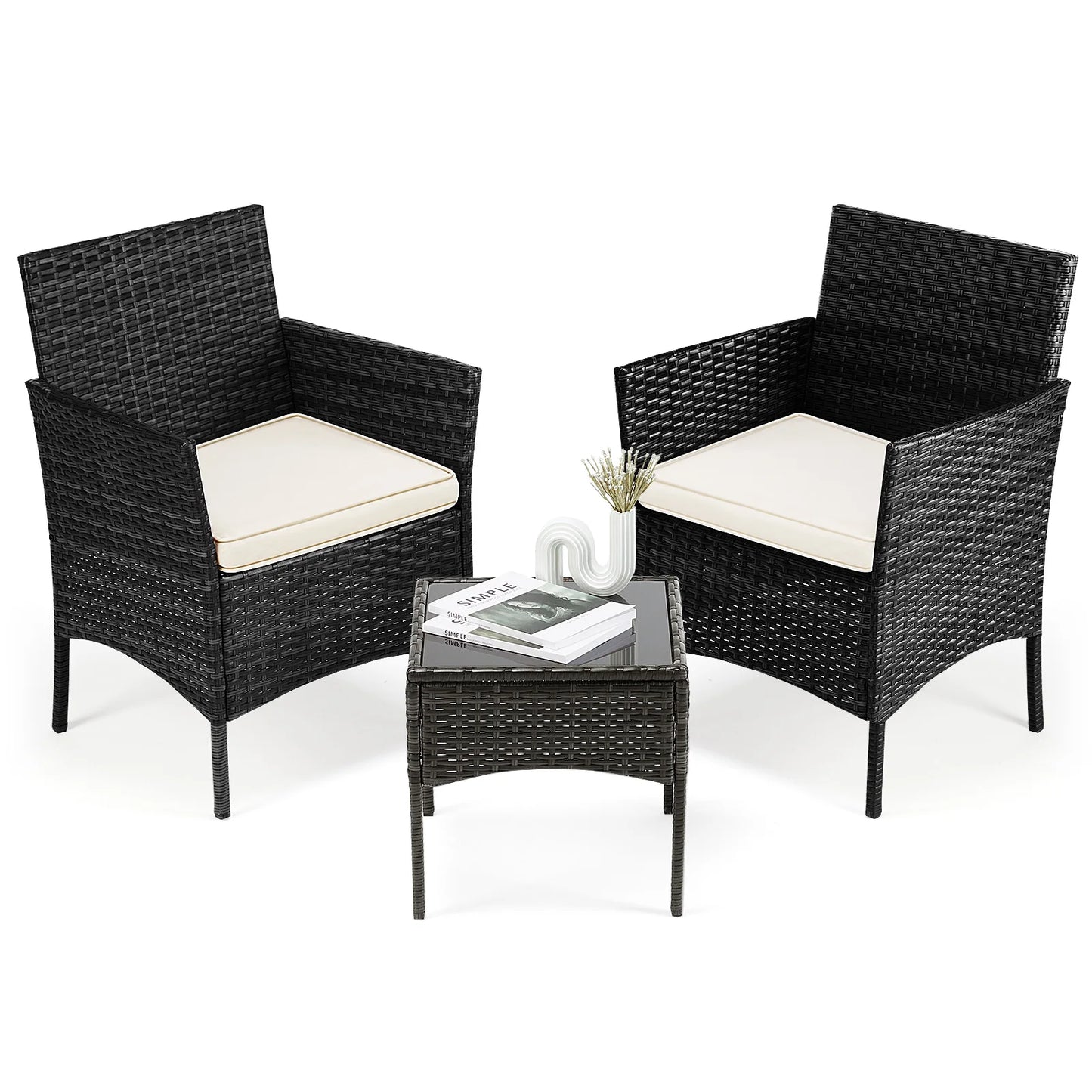 3-Piece Outdoor Rattan Patio Furniture Set with Cushions & Glass Table