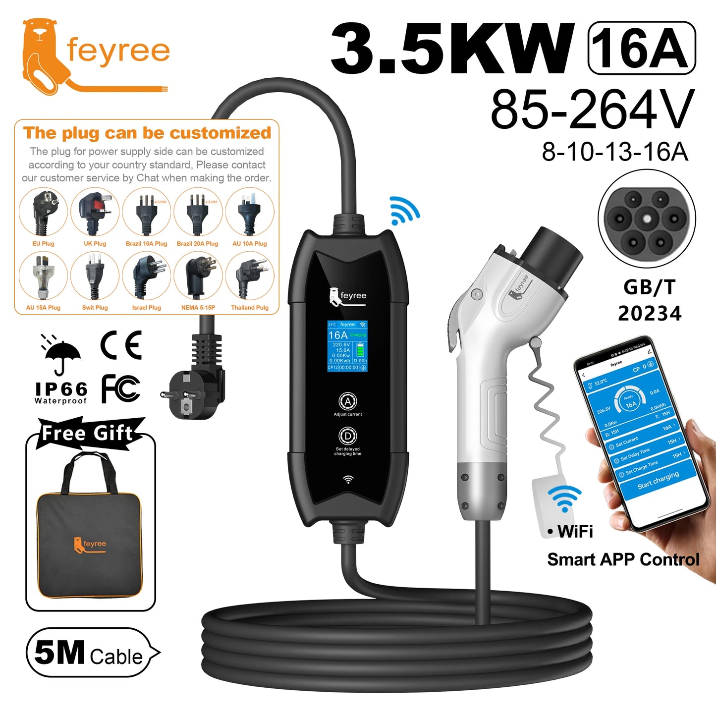 Portable 16A EV Charger with APP Control - 3.5KW Electric Vehicle Cable