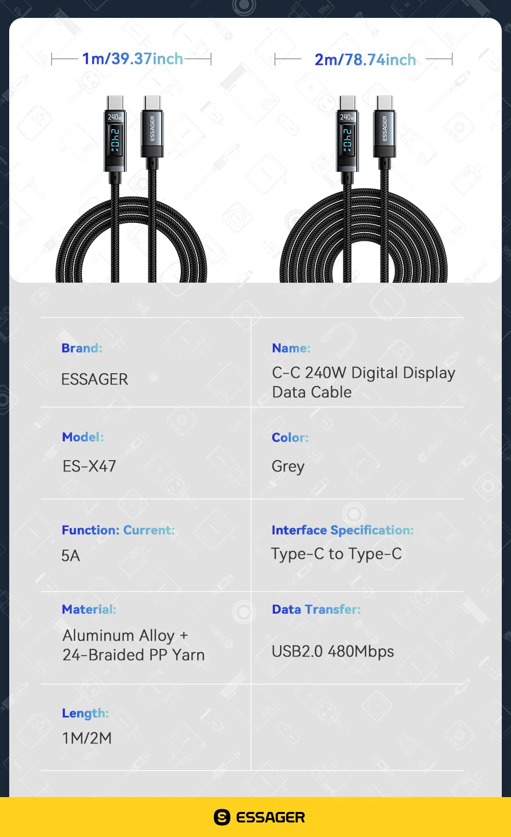 Essager 240W USB-C to USB-C Fast Charging Cable with LED Power Display