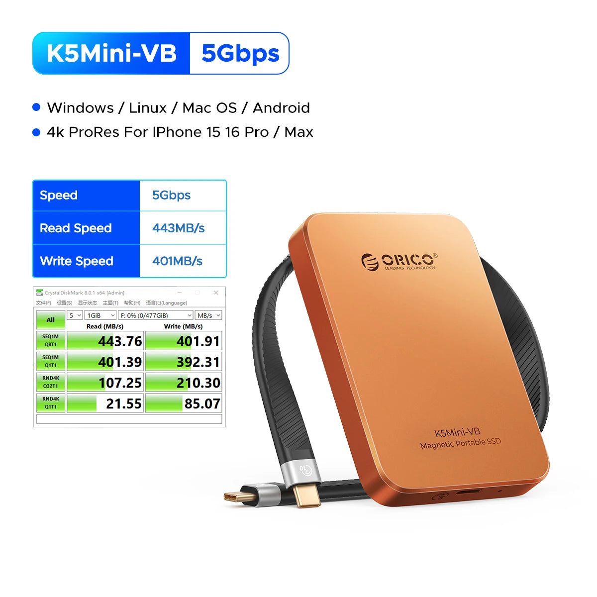 ORICO K5MINI Portable SSD 480GB - High-Speed External Drive for iPhone