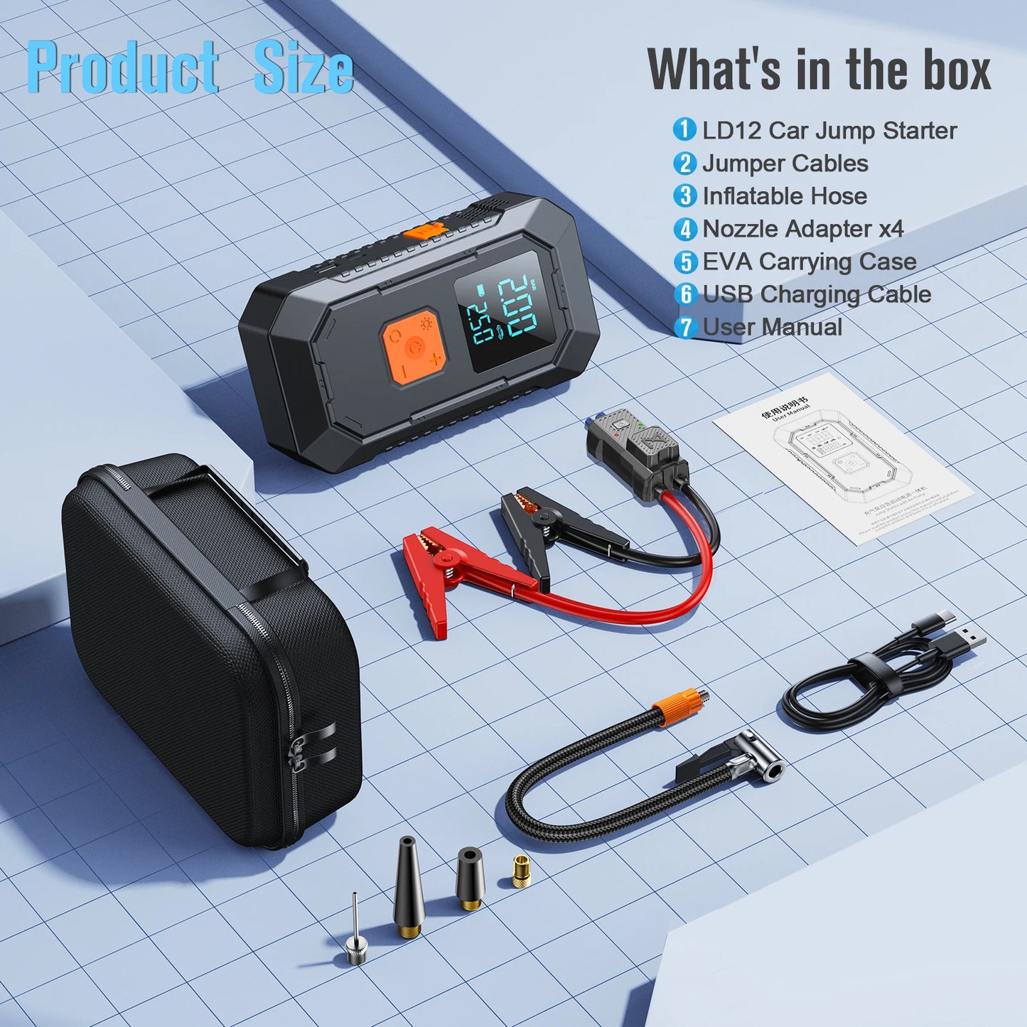 4-in-1 Portable Car Jump Starter & Tire Inflator with LED Light