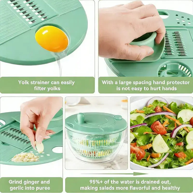 3-in-1 Salad Spinner Set: Large Vegetable Washer, Strainer & 5-Blade Slicer