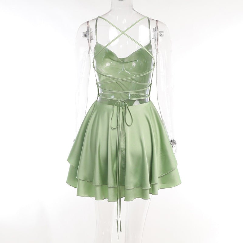 Elegant Satin Backless Suspender Skirt Dress for Women - Qeepin