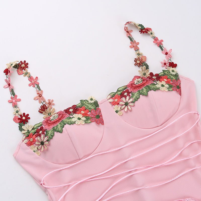Embroidered Flower Lace - Up Suspender Dress for Women - Qeepin