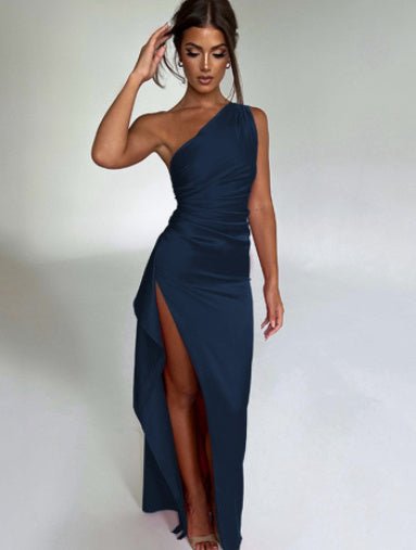 One - Shoulder Backless Split Satin Dress - Slim Fit Summer Style for Women - Qeepin