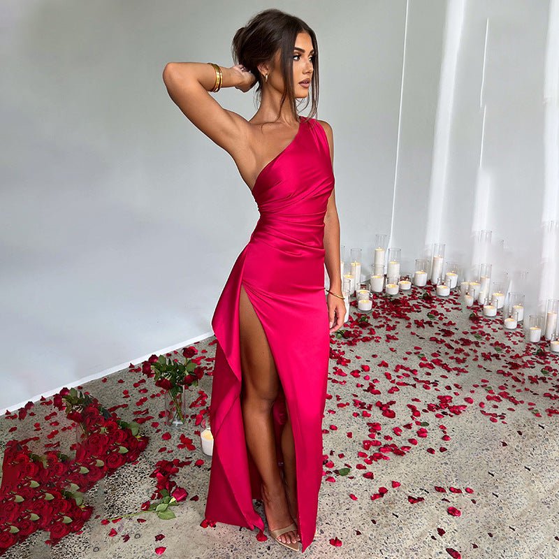 One - Shoulder Backless Split Satin Dress - Slim Fit Summer Style for Women - Qeepin