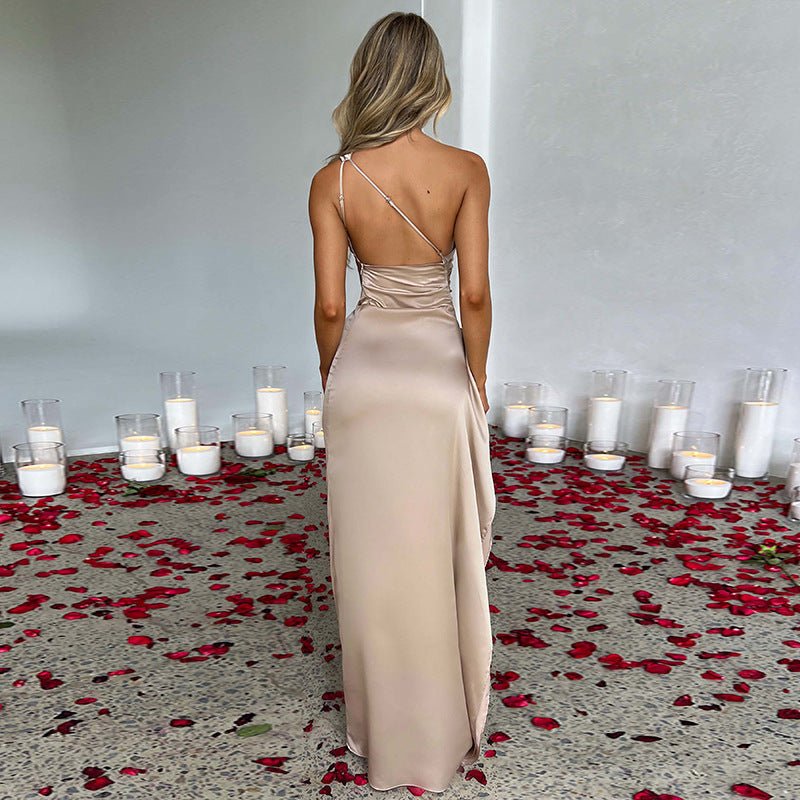 One - Shoulder Backless Split Satin Dress - Slim Fit Summer Style for Women - Qeepin