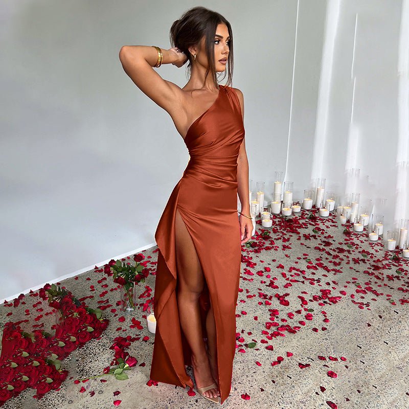 One - Shoulder Backless Split Satin Dress - Slim Fit Summer Style for Women - Qeepin