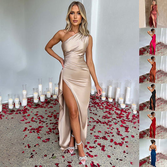 One - Shoulder Backless Split Satin Dress - Slim Fit Summer Style for Women - Qeepin