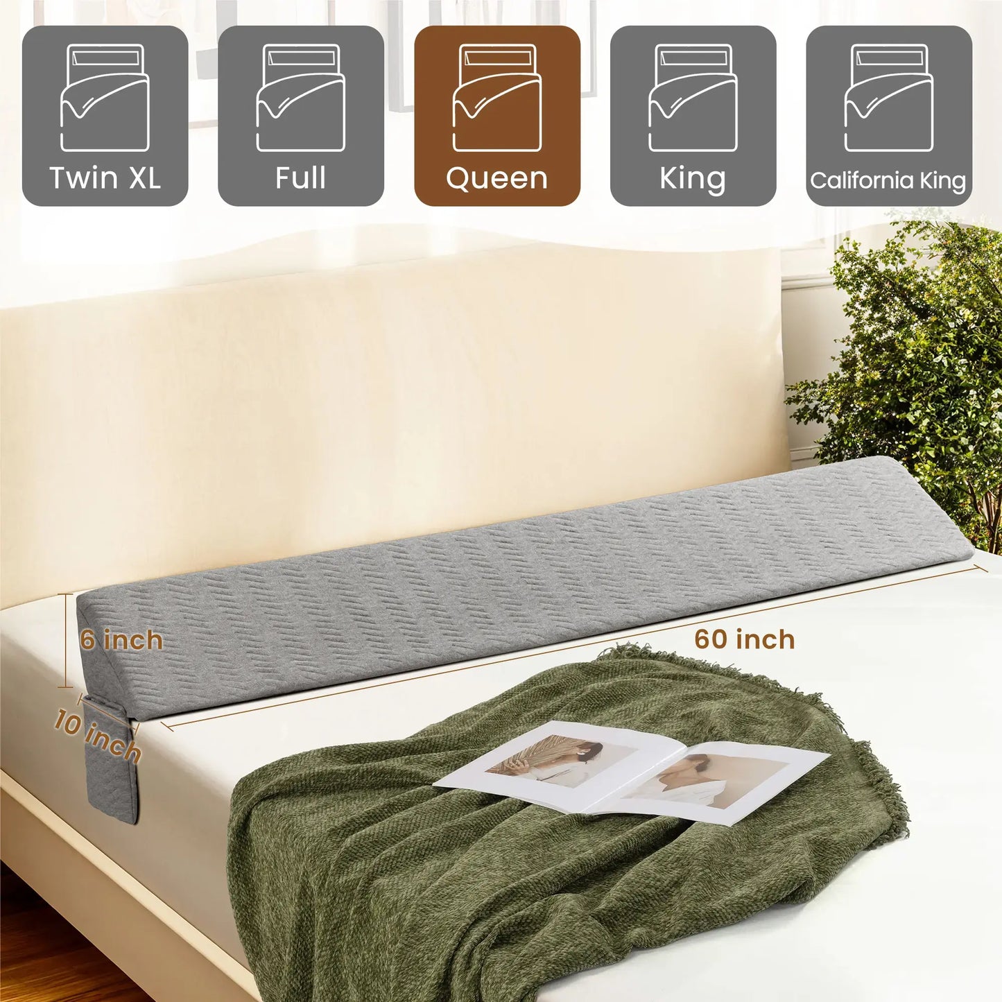 Bed Wedge Pillow Headboard Mattress Gap Filler with Side Storage Pockets