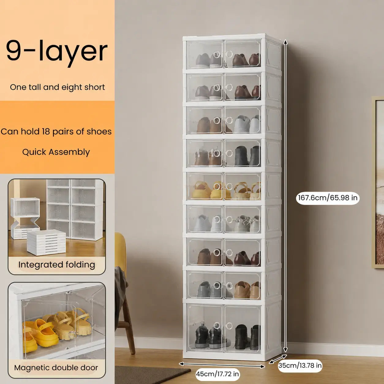 9-Tier Folding Shoe Rack – Large Capacity Magnetic Transparent Shoe Cabinet