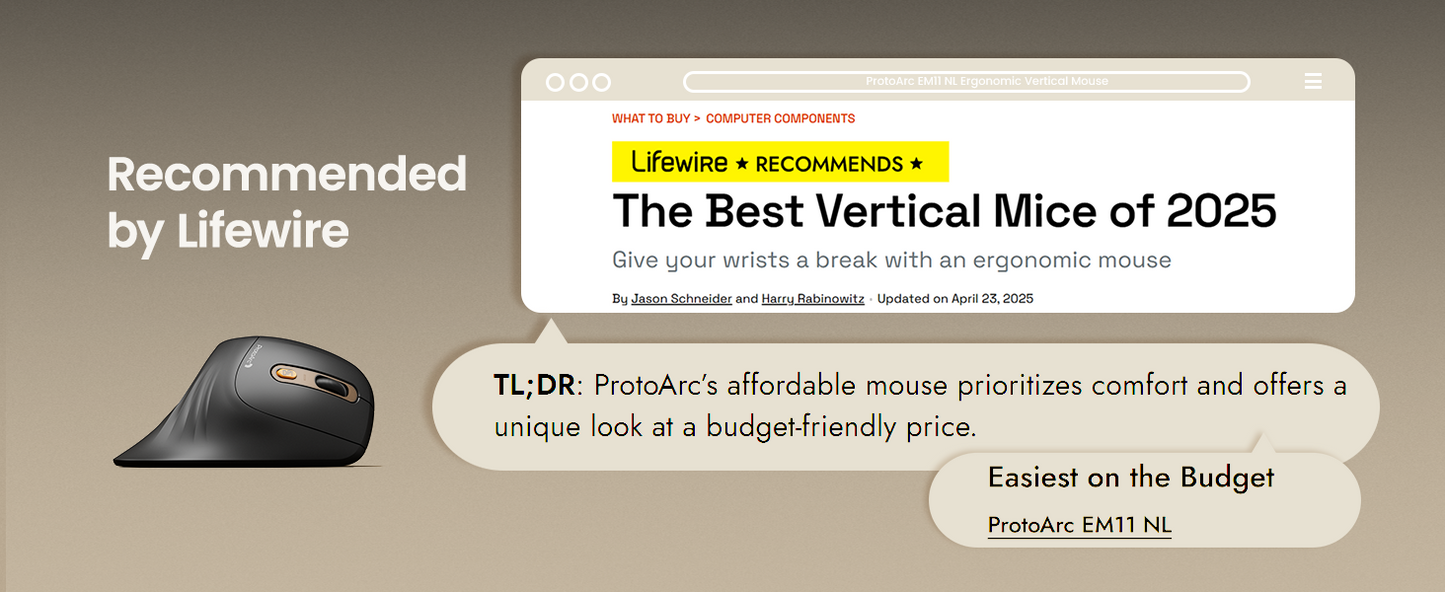 ProtoArc Wireless Ergonomic Vertical Mouse - Rechargeable Bluetooth Optical