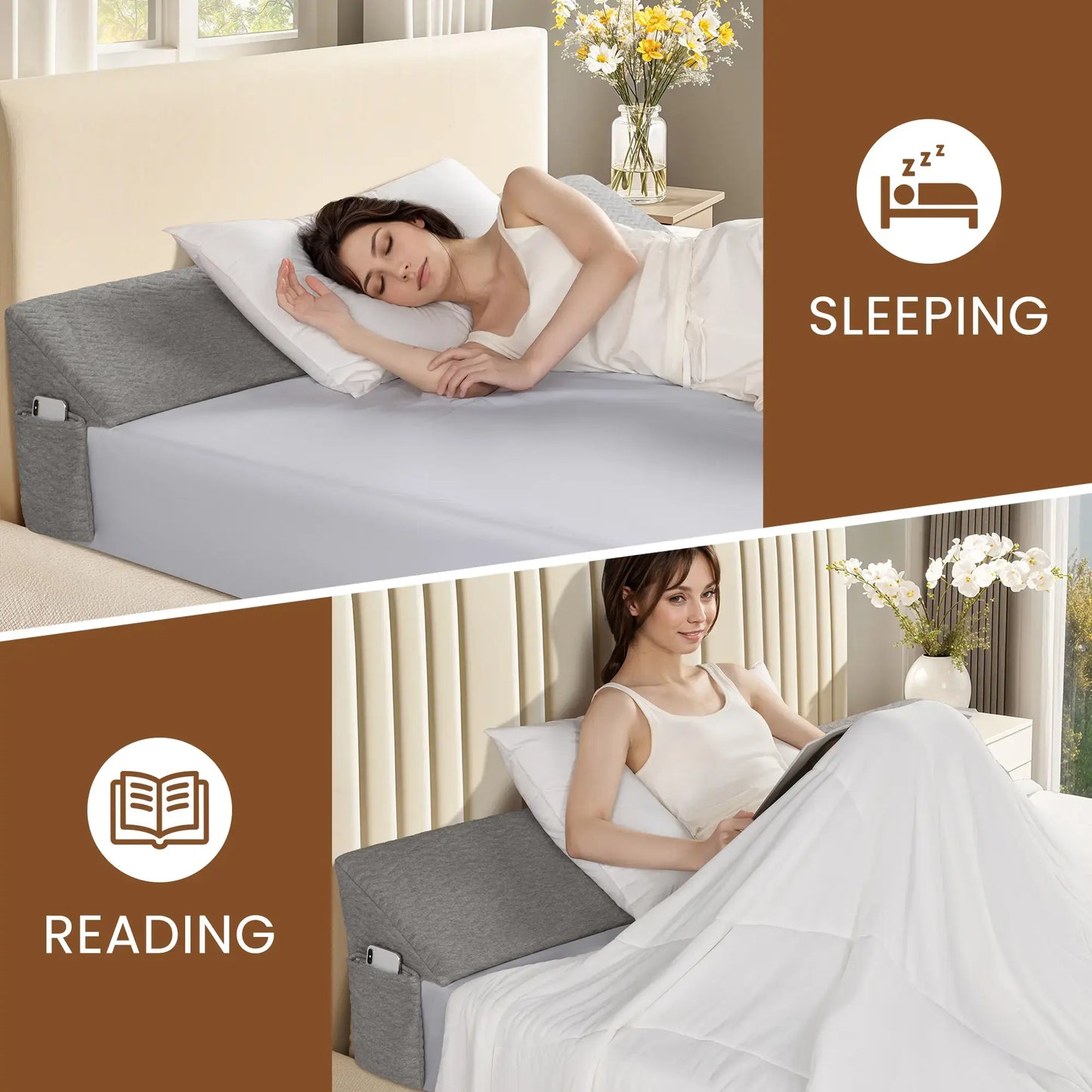 Bed Wedge Pillow Headboard Mattress Gap Filler with Side Storage Pockets