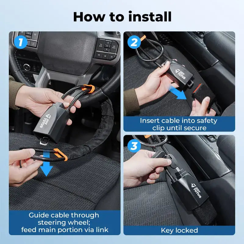 Universal Steering Wheel Lock - Anti-Theft Car Security Cable with 3 Keys
