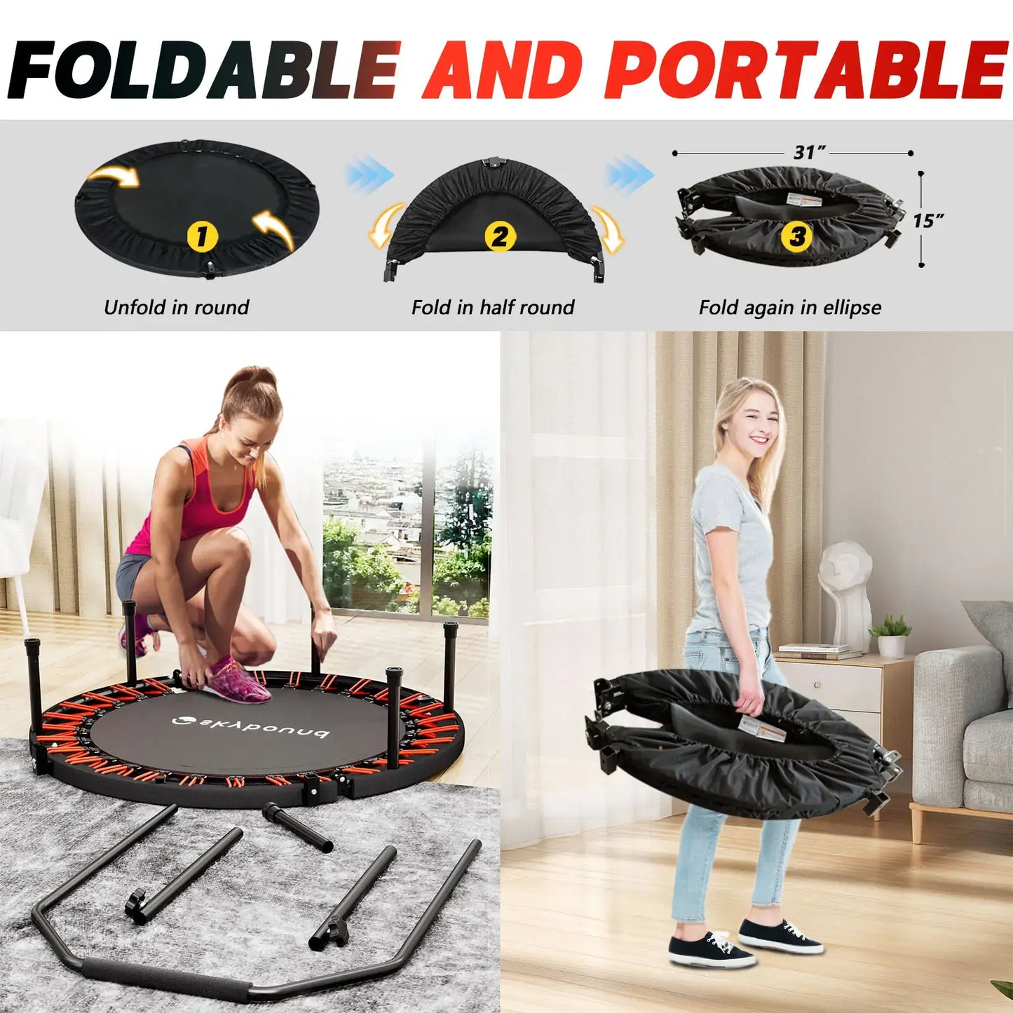 40" Foldable Fitness Mini Trampoline - Silent Rebounder with Adjustable Handle