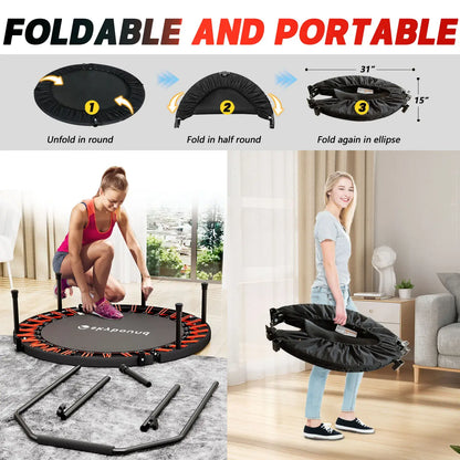 40" Foldable Fitness Mini Trampoline - Silent Rebounder with Adjustable Handle