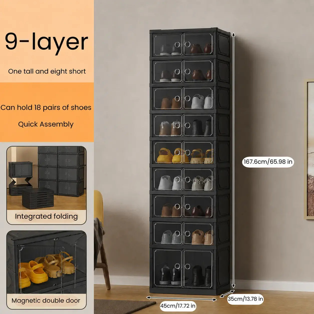 9-Tier Folding Shoe Rack – Large Capacity Magnetic Transparent Shoe Cabinet