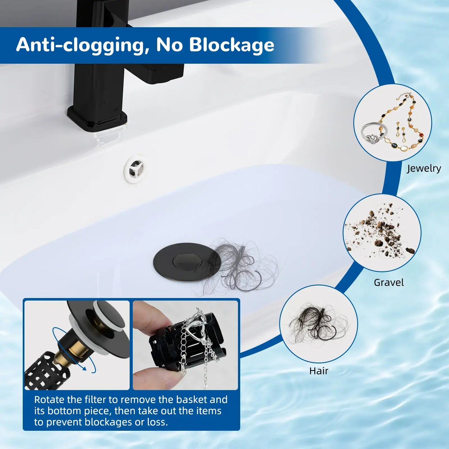 3-in-1 Universal Pop-Up Sink Drain Strainer - Anti-Clog Filter for Bathroom Basins