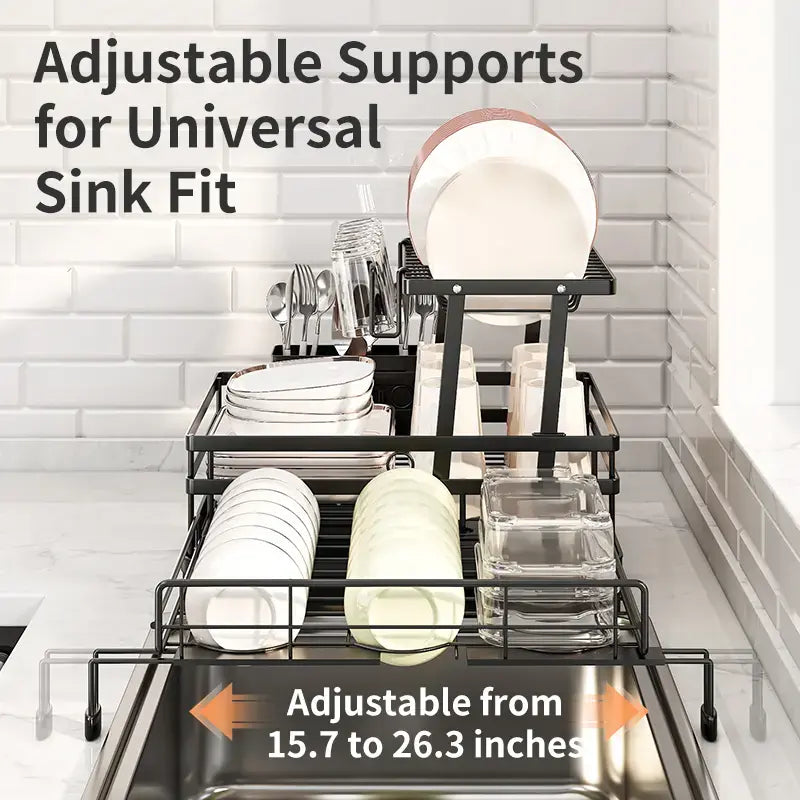 Foldable 2-Tier Dish Drying Rack - Expandable Over-Sink Dish Drainer for Small Kitchens