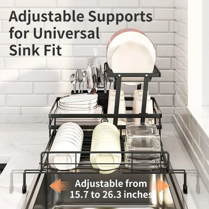 Foldable 2-Tier Dish Drying Rack - Expandable Over-Sink Dish Drainer for Small Kitchens