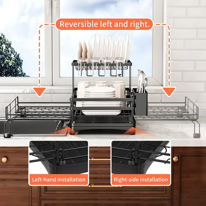 Foldable 2-Tier Dish Drying Rack - Expandable Over-Sink Dish Drainer for Small Kitchens