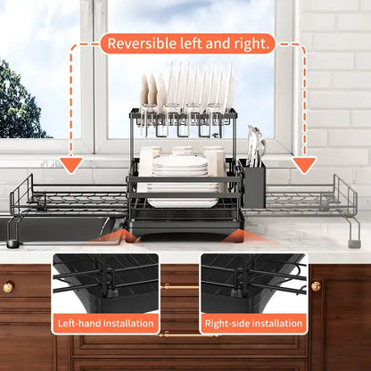 Foldable 2-Tier Dish Drying Rack - Expandable Over-Sink Dish Drainer for Small Kitchens
