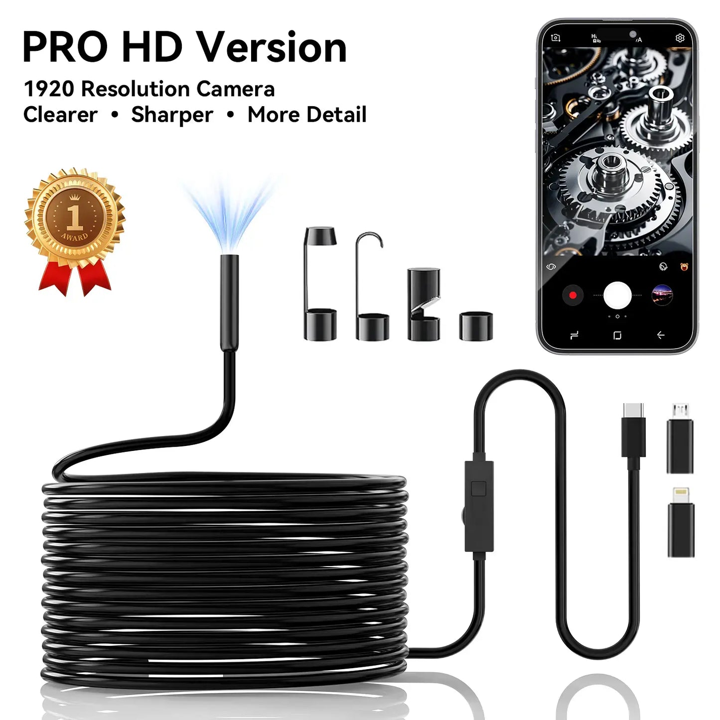 1920P HD Endoscope Inspection Camera with 8 LED Lights - 16.4ft Semi-Rigid Borescope