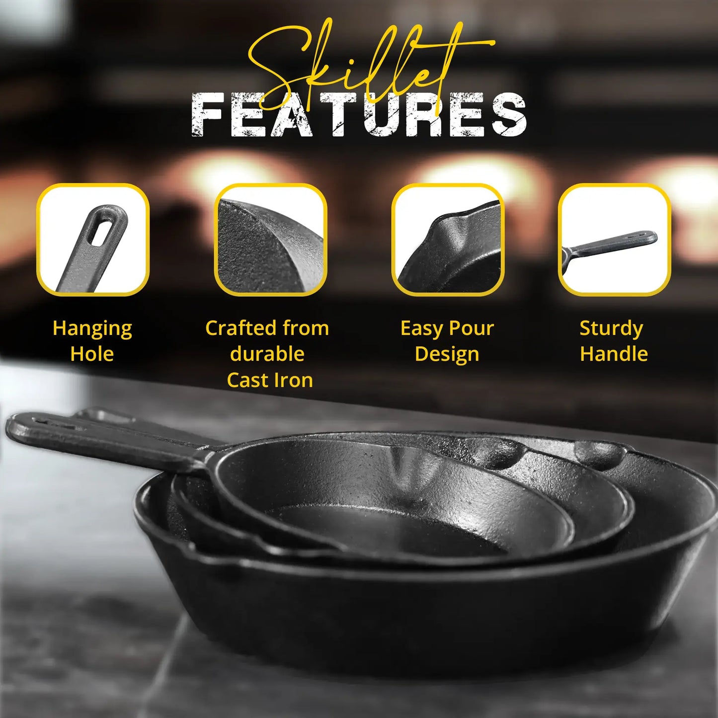 3-Piece Pre-Seasoned Cast Iron Skillet Set - Durable 6", 8", & 10" Frying Pans
