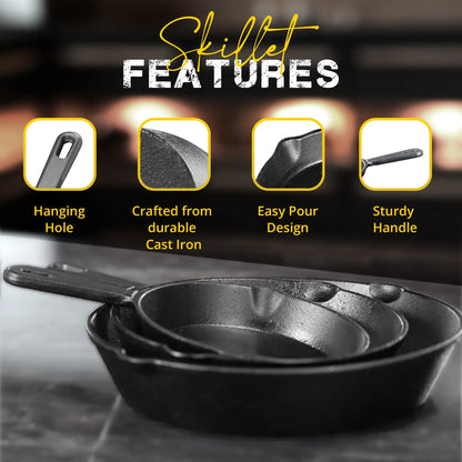3-Piece Pre-Seasoned Cast Iron Skillet Set - Durable 6", 8", & 10" Frying Pans