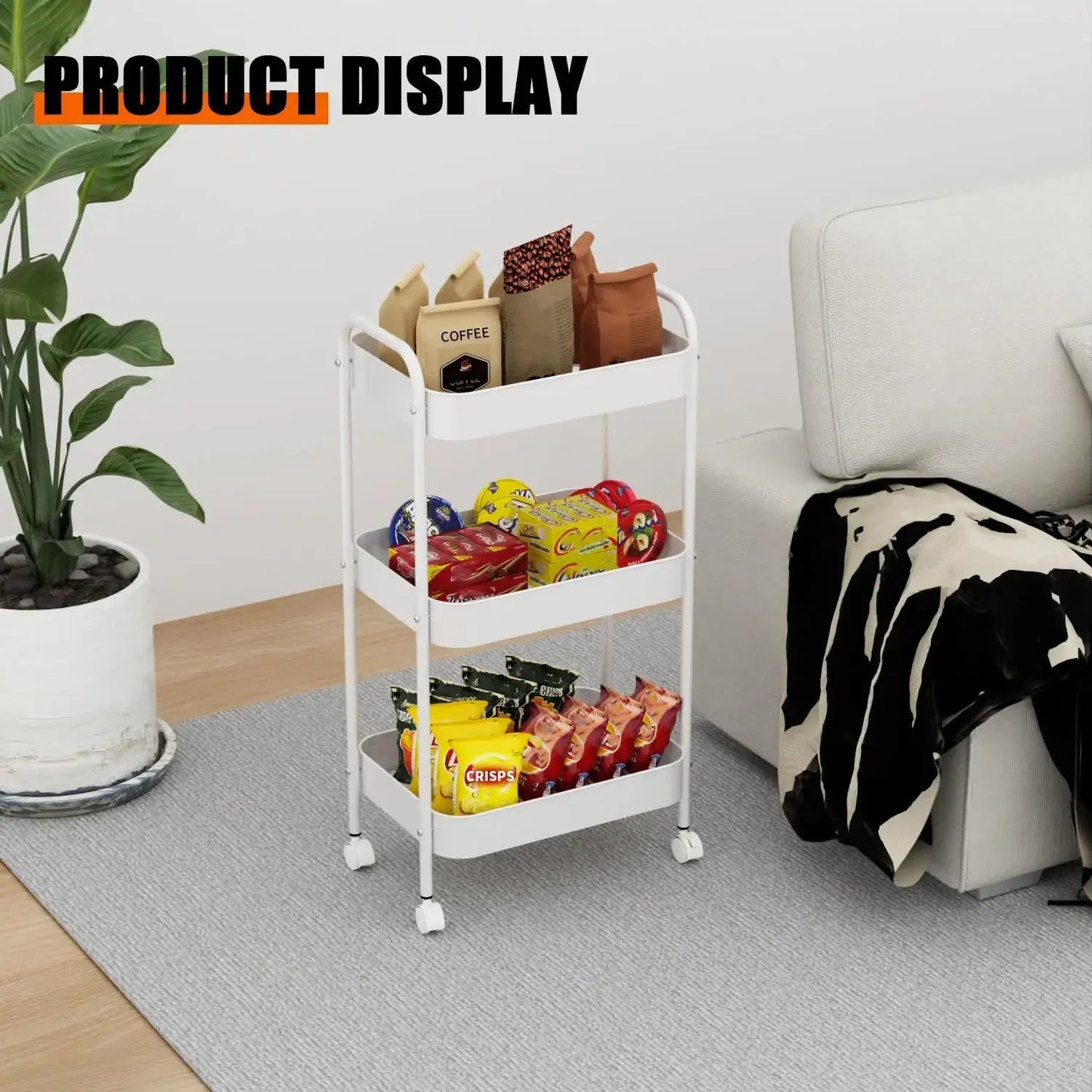 3-Tier Rolling Storage Cart with 6 Hooks - Heavy Duty Mobile Utility Organizer