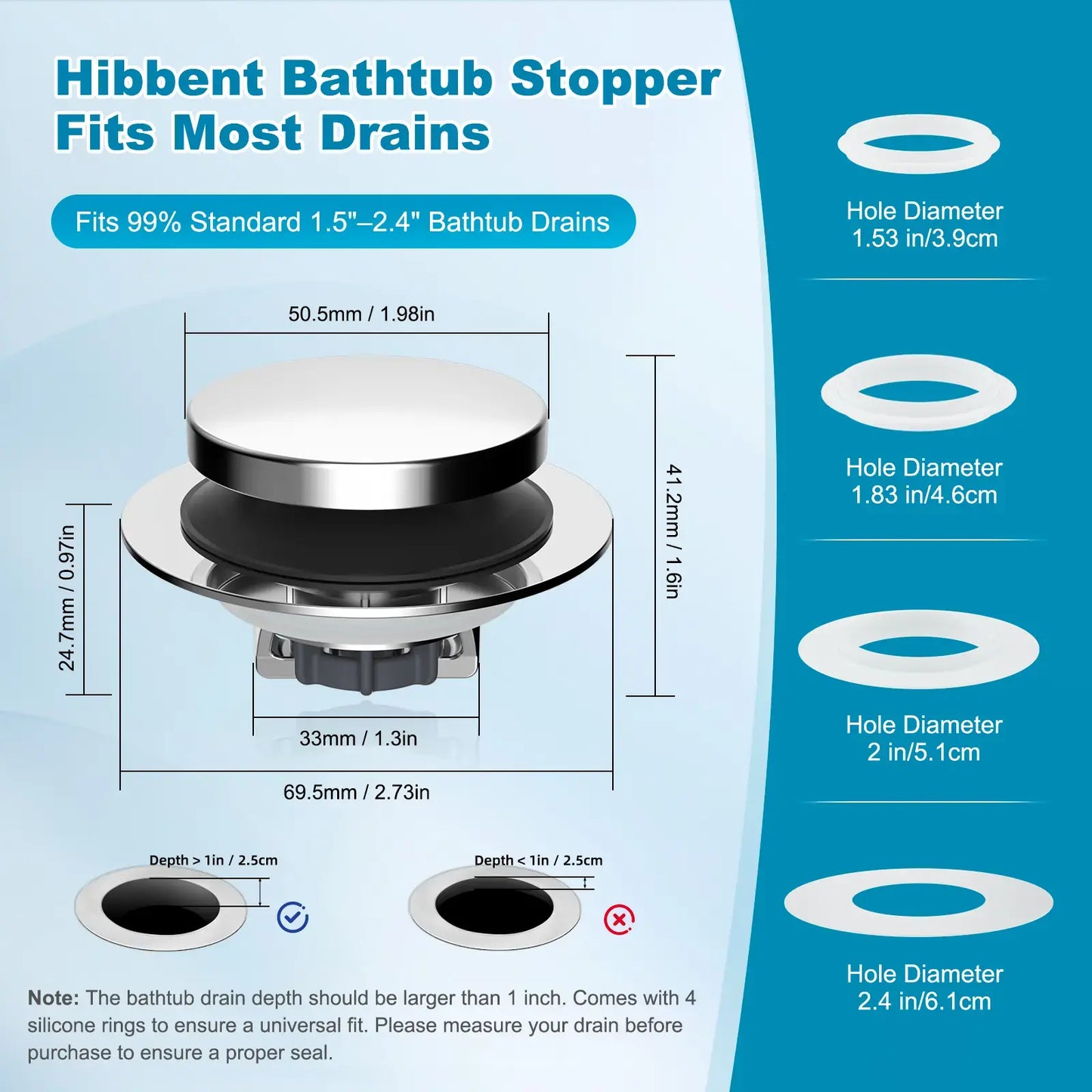 3-in-1 Bathtub Drain Stopper & Hair Catcher - Universal Chrome Tub Strainer Plug