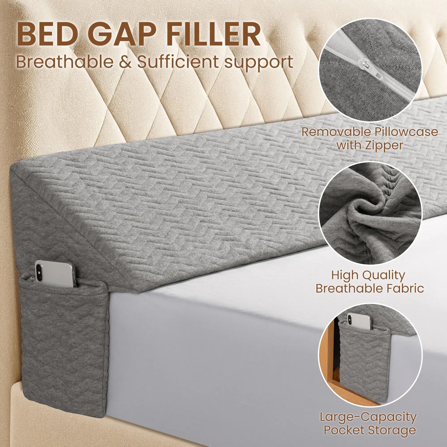 Bed Wedge Pillow Headboard Mattress Gap Filler with Side Storage Pockets