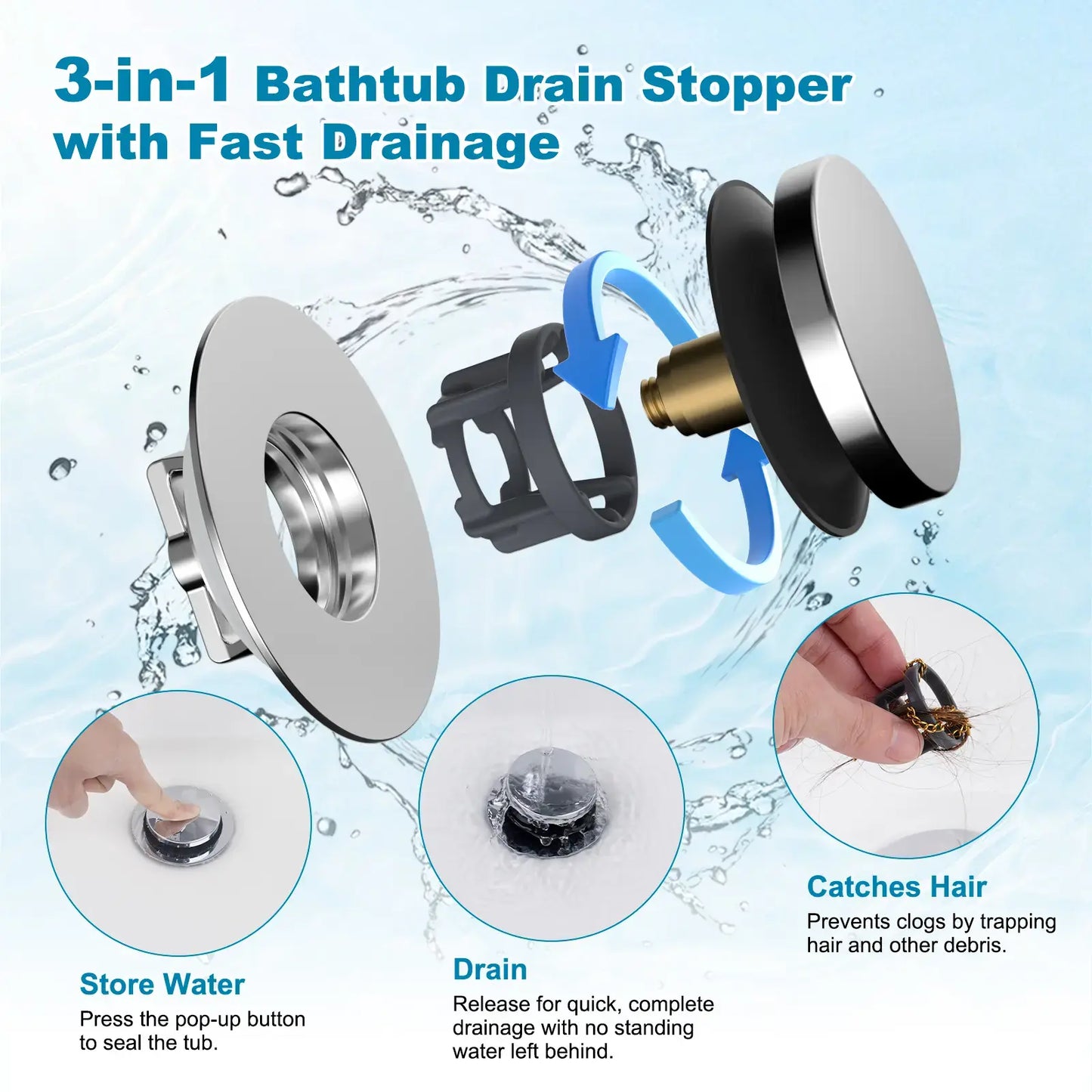3-in-1 Bathtub Drain Stopper & Hair Catcher - Universal Chrome Tub Strainer Plug