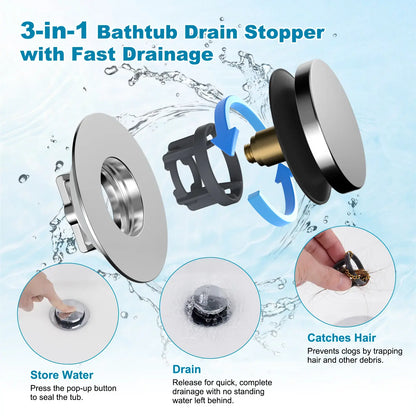 3-in-1 Bathtub Drain Stopper & Hair Catcher - Universal Chrome Tub Strainer Plug