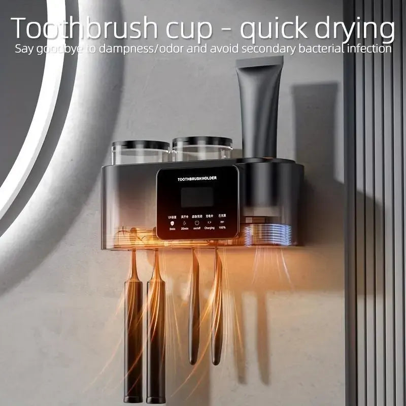Wall Mounted Toothbrush Holder with UV Smart Sterilizer & 2 Drying Cups