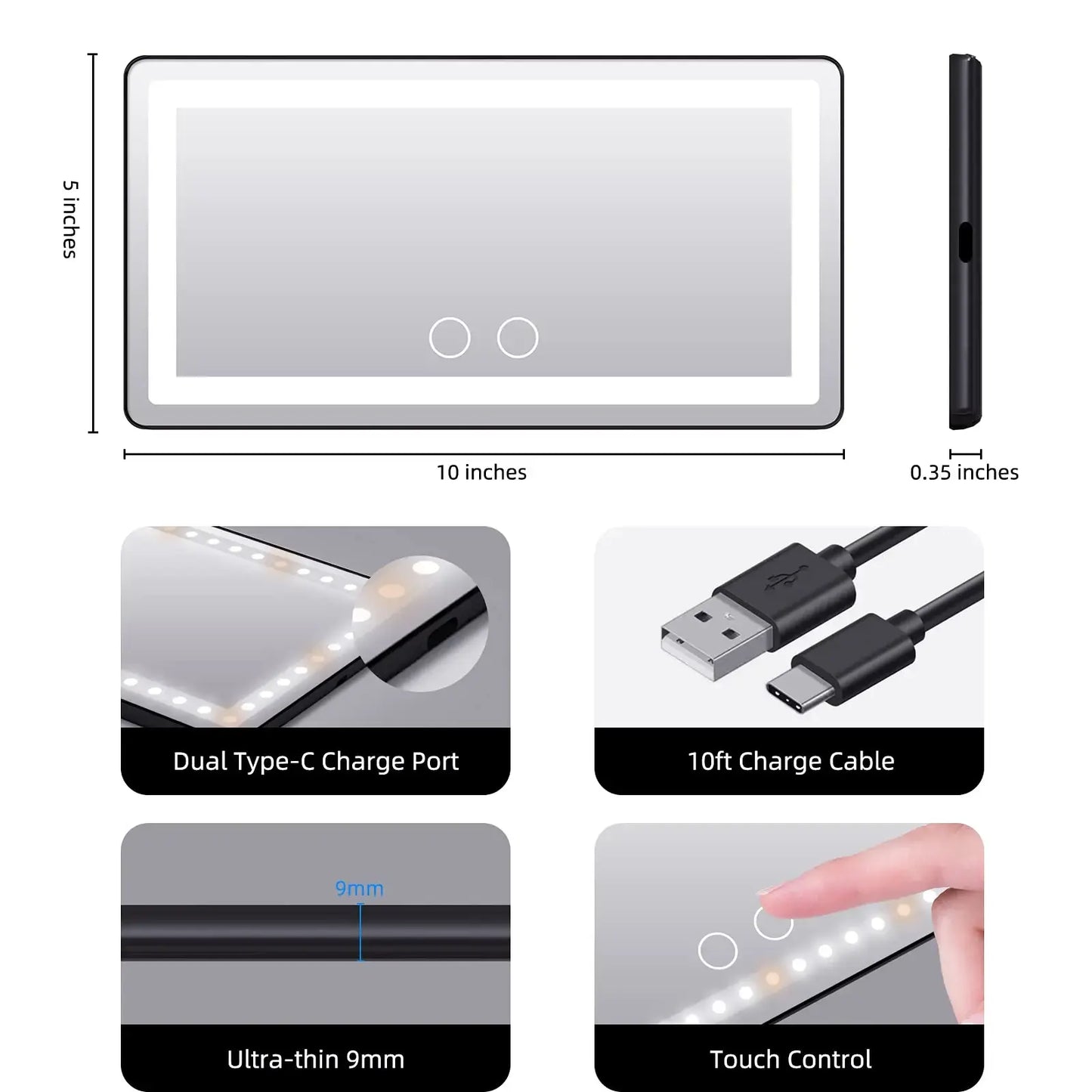 LED Car Sun Visor Vanity Mirror - USB Rechargeable Makeup Mirror with Dimmable Light