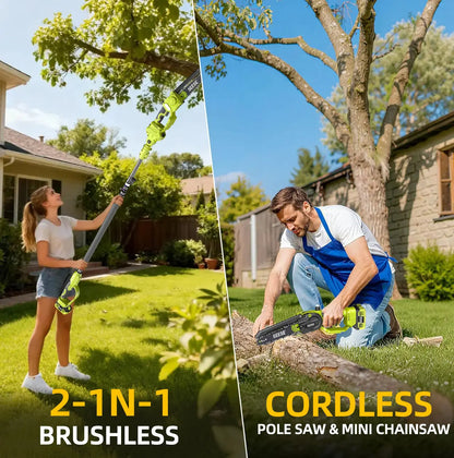 8" Telescopic Electric Chainsaw - 2-in-1 Cordless Pole Pruner with 2 Batteries