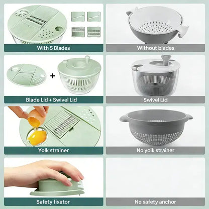 3-in-1 Salad Spinner Set: Large Vegetable Washer, Strainer & 5-Blade Slicer