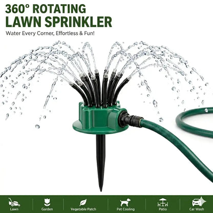360° Rotating Multi-Nozzle Lawn Sprinkler - Adjustable Automatic Garden Watering System