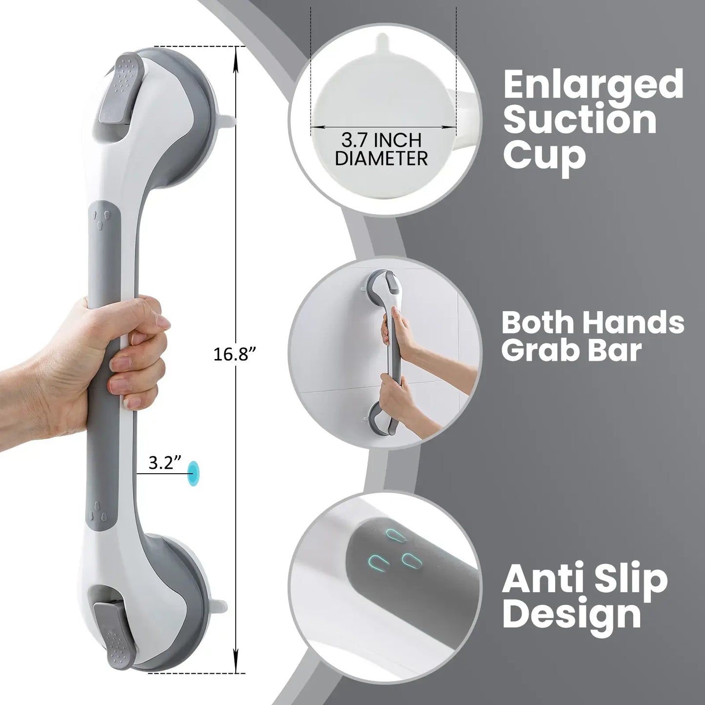 16-Inch Suction Cup Shower Grab Bar - Heavy-Duty Bathroom Safety Handle for Seniors