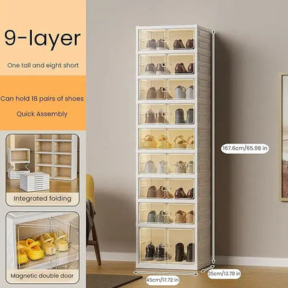 9-Tier Foldable Shoe Rack Organizer - Portable Clear Magnetic Door Storage Cabinet